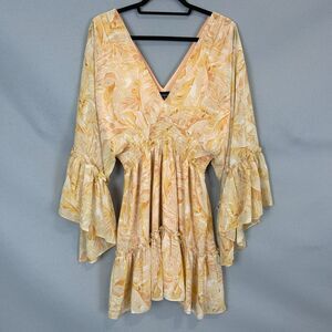 Vici Boho Floral Mini Dress Medium Yellow Ruffle Flowy Festival Summer Chic